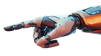 Futuristic robotic hand pointing index finger, highlighting cutting-edge technological innovation on transparent surface