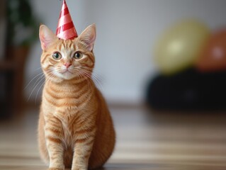 A cheerful orange tabby cat wearing a colorful birthday party hat, sitting on the floor indoors.