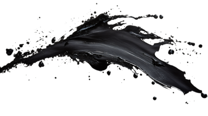Black paint splashing against a transparent background, creating dynamic textures ideal for various graphic design projects and artistic expressions