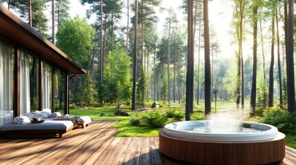 A tranquil forest retreat offers a private hot tub on a wooden terrace, enveloped by lush trees and soft mist, creating a peaceful atmosphere