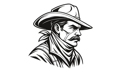 Retro cowboy vector iilustration, monochrome concept, hand drawn illustration, detailed artwork, minimalist design, isolated on a white background