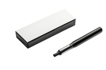 Sleek, modern vape pen resting beside its stylish black and white packaging on a bright surface isolated on transparent background
