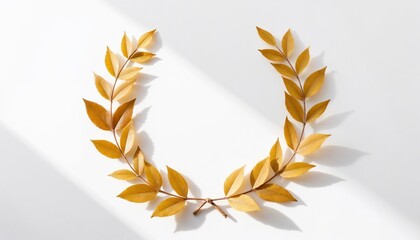 golden laurel wreath with elegant shadow on white background, symbol of victory, success, academic excellence, and honor