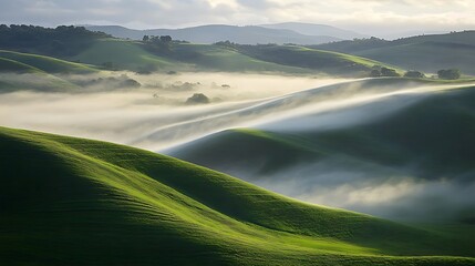 Rolling Green Hills Shrouded In Morning Mist
