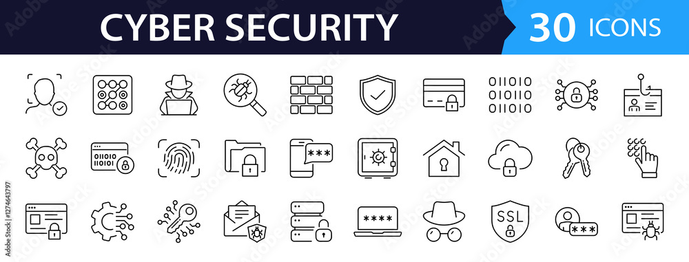 Aufkleber Cyber security set of web icons in line style. Internet protection icons for web and mobile app. Data protection, network, technology, password, key, shield, lock, password, eye access, spam, hacker