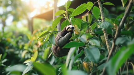 Obraz premium A sloth relaxes while hanging from a tree branch, surrounded by dense jungle foliage and illuminated by gentle morning sunlight
