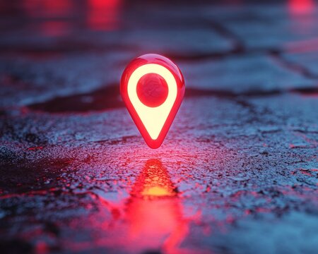 A creative floating location pin with a vibrant red glow, isolated on white 