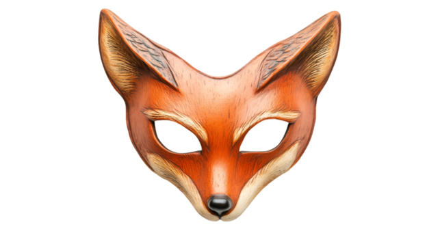 Studio shot of a realistic handmade fox mask isolated on transparent background, perfect for carnival and parties