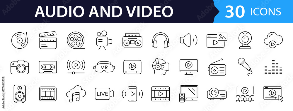 Poster Audio Video set of web icons in line style. Music and Video icons for web and mobile app. Podcast, video media player, radio, song. Vector illustration