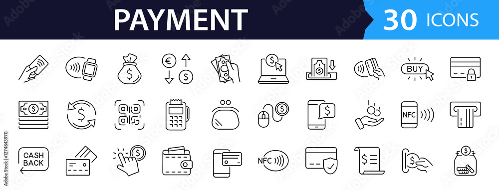 Poster Payment set of web icons in line style. Business and finance payment icons for web and mobile app. Credit card, money, banking, exchange, cash and transaction, NFC. Vector illustration