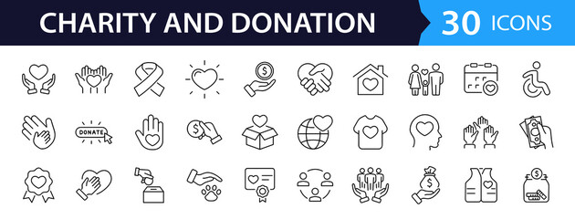 Charity and Donation set of web icons in line style. Volunteering and donation icons for web and mobile app. Help, caring, solidarity, alms, donate, volunteer, care, charity and more. Editable stroke