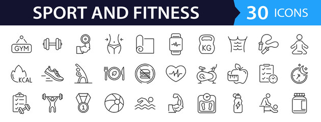 Sport and Fitness set of web icons in line style. Gym and fitness icons for web and mobile app. Healthy lifestyle, exercise, diet, nutrition, weight training, body care, workout. Editable stroke