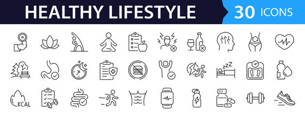 Healthy lifestyle set of web icons in line style. Fitness and sport icons for web and mobile app. Work and rest, physical activity, exercise, gym, sleep, body care and a diet. Editable stroke
