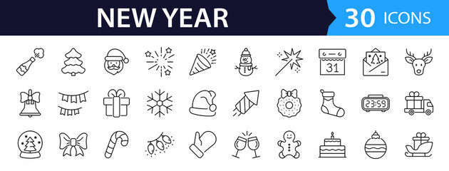 New year holiday set of web icons in line style. Merry Christmas and Happy New Year icons for web and mobile app. Winter, xmas, celebration, party, birthday, event, santa, tree, snow. Editable stroke
