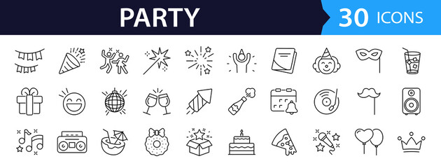 Party set of web icons in line style. Celebration icons for web and mobile app. Celebrate, anniversary, dancing, music, congrats, celebration, karaoke, Dj. Vector illustration