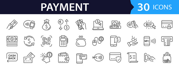 Payment set of web icons in line style. Business and finance payment icons for web and mobile app. Credit card, money, banking, exchange, cash and transaction, NFC. Vector illustration