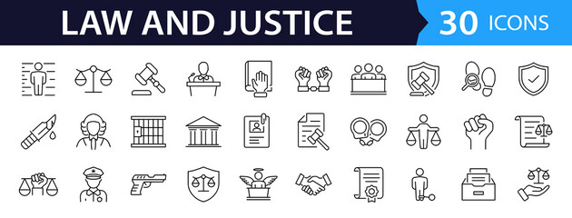 Law and justice set of web icons in linear style. Justice and law icons for web and mobile app. Legal documents. Law, judgement, prison, justice, court legal, lawyer, criminal. Vector illustration