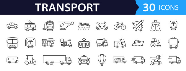 Transport set of web icons in linear style. Transport, vehicle and delivery icons for web and mobile app. Public transport, car, bike, train, bicycle, plane, bus, metro, ship, bulldozer, helicopter