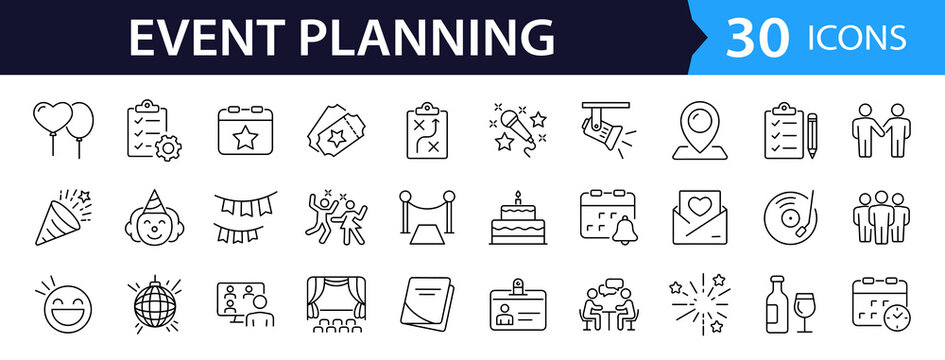 Event planning set of web icons in linear style. Event organisation icons for web and mobile app. Management, wedding, entertainment, catering, invitations, catering, coordination. Vector illustration