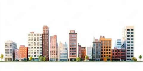 A vibrant city skyline that showcases a diverse array of building styles, shapes, and colors set against a bright white backdrop, highlighting the essence of modern urban life and community