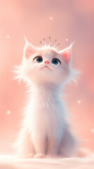 A fluffy white cat wearing an adorable crown on its head looks up enthusiastically is gracefully sitting on a soft, inviting bed, looking quite regal. Cute illustration
