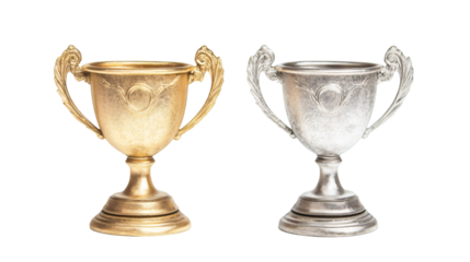 Gleaming gold and silver trophy cups positioned side by side, representing competitive achievement against pristine surface