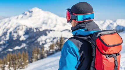 A snowboarder stands at the summit of a mountain, gazing at the stunning snowy terrain before beginning an exhilarating ride