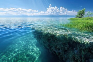 Calm waters reflect a clear blue sky and lush greenery at the water's edge during midday