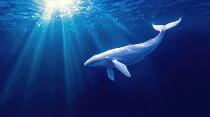Majestic blue whale swimming underwater with sun rays illuminating ocean