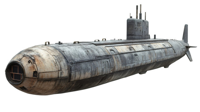 Old rusty submarine floating underwater on transparent background, ideal for compositing and photobashing