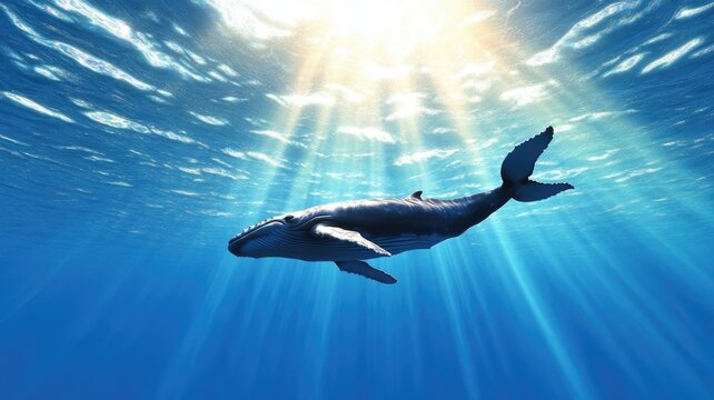Whale swims underwater with sunlight streaming through