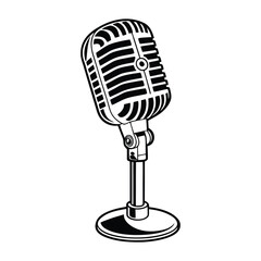 Fototapeta premium Retro recording microphone, Radio mic vector iilustration, monochrome design, hand drawn illustration, detailed art, minimalist design, isolated on a white background