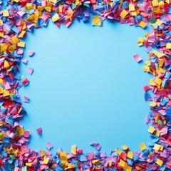 Obraz premium Colorful confetti on a blue background with space for text.