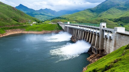 Hydroelectric dam generating power in lush mountainous region