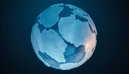A spherical globe that was completely frozen. Shows the global cooling situation. Dark blue background,