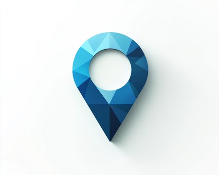 A modern geometric location icon with sleek blue tones and minimal shadows, white background 