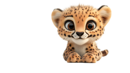 Adorable baby cheetah lying down with big eyes, a heartwarming illustration on a transparent background