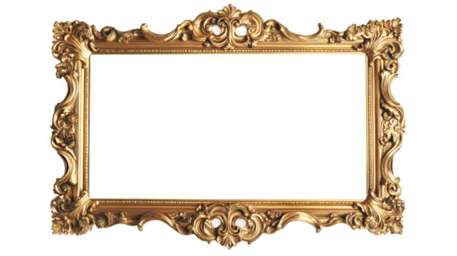 Ornate golden baroque frame featuring delicate scrollwork, adding vintage elegance to artwork against transparent background