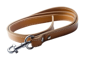Stylish tan leather dog leash with a sturdy clip lying on a clean white background isolated on transparent background