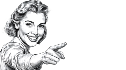 Pencil drawing of a smiling businesswoman pointing her finger on a transparent background