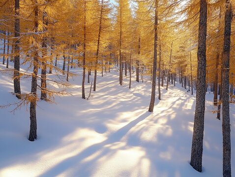 A serene winter forest scene with snow-covered trees and a sunlit pathway.