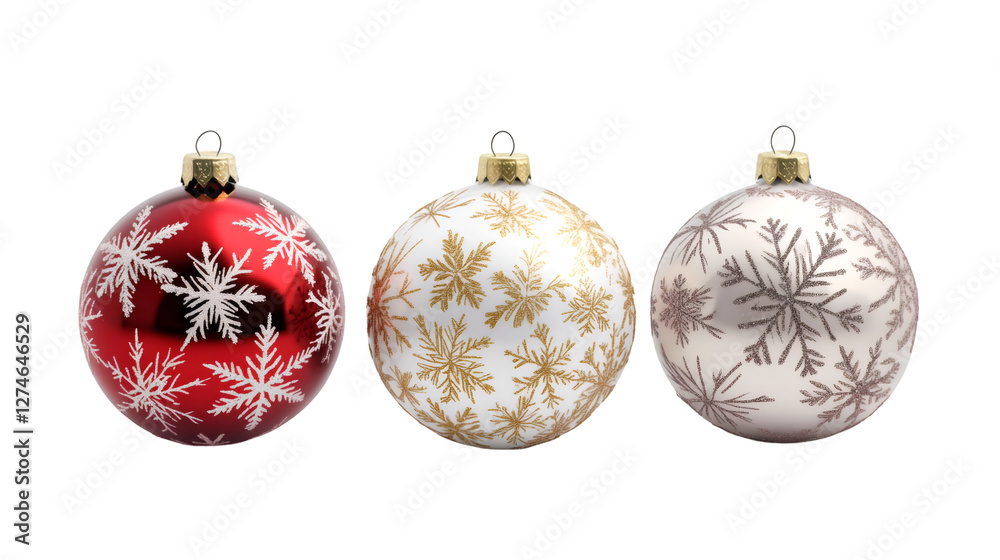Poster christmas ornaments with snowflake patterns suspended, transparent backdrop highlighting festive win