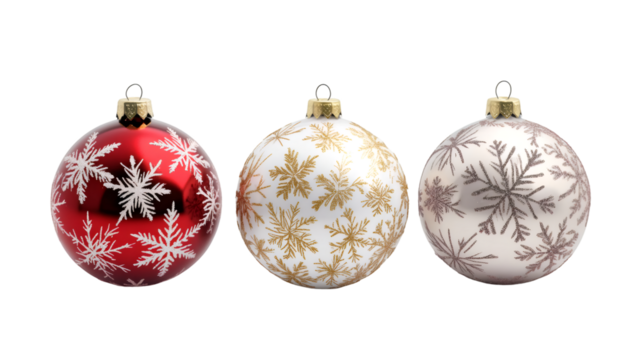 Christmas ornaments with snowflake patterns suspended, transparent backdrop highlighting festive winter design for holiday graphics