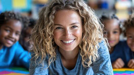 Happy teacher with preschool children in classroom