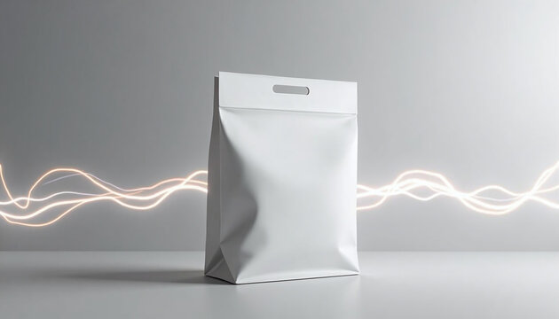 A mockup of a white paper bag with a lightning bolt coming out of it and a grey background