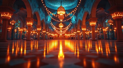 Obraz premium Illuminated Mosque Interior, Festive Decor, Night, Prayer Hall