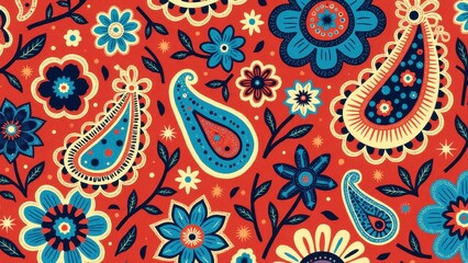 Fototapeta premium A vibrant paisley print with blue and red floral patterns on an orange background.
