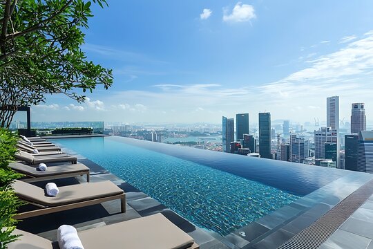 A modern rooftop pool with infinity edges, surrounded by sleek lounge chairs, and offering a breathtaking panoramic city view under the clear blue sky