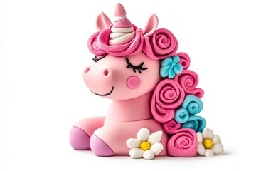 A unicorn sculpted from clay plasticine, placed on a white background