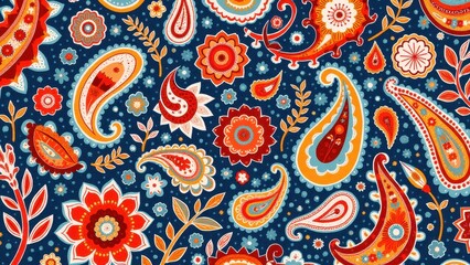 Colorful paisley print with intricate floral and leaf patterns on a dark blue background.